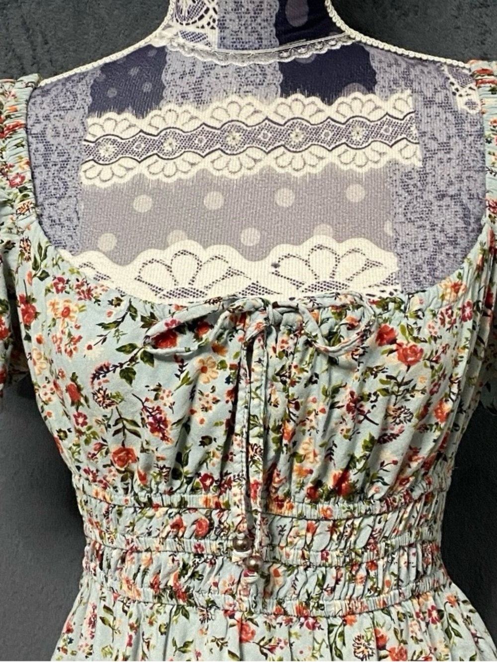 Angie Mini Dress Womens M Blue Floral Flutter Sleeve Smocked Cottagecore Spring - Picture 2 of 8
